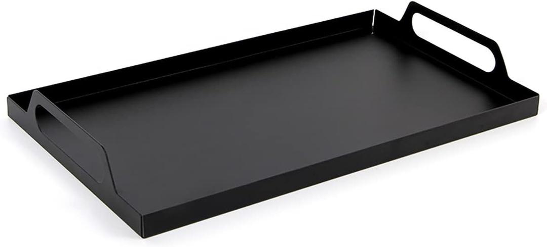 Black Metal Coffee Table Tray with Handles, Rectangle Serving Tray for Snacks, Vanity, Bathroom, and Kitchen Counter Organizer