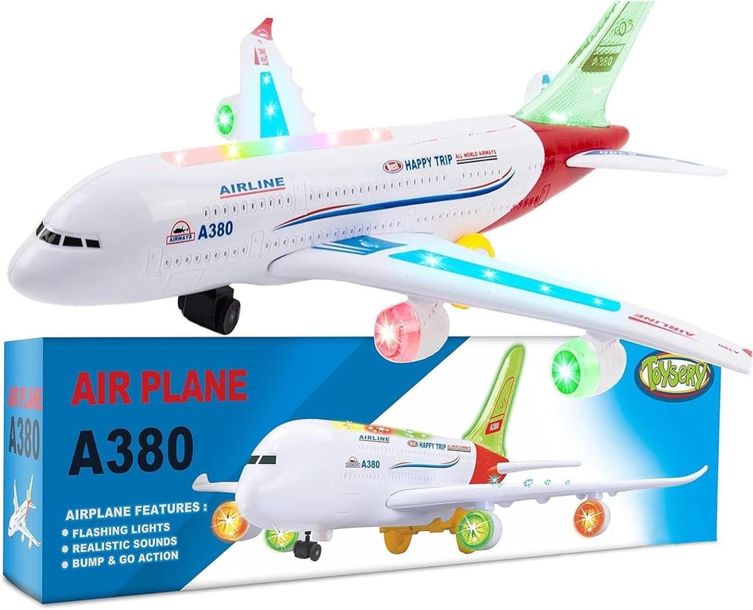 Toysery Airplane Toys for Kids, Bump and Go Action, Toddler Toy Plane with LED Flashing Lights and Sounds. Ideal for Boys & Girls 3-12 Years Old (Airbus A380)