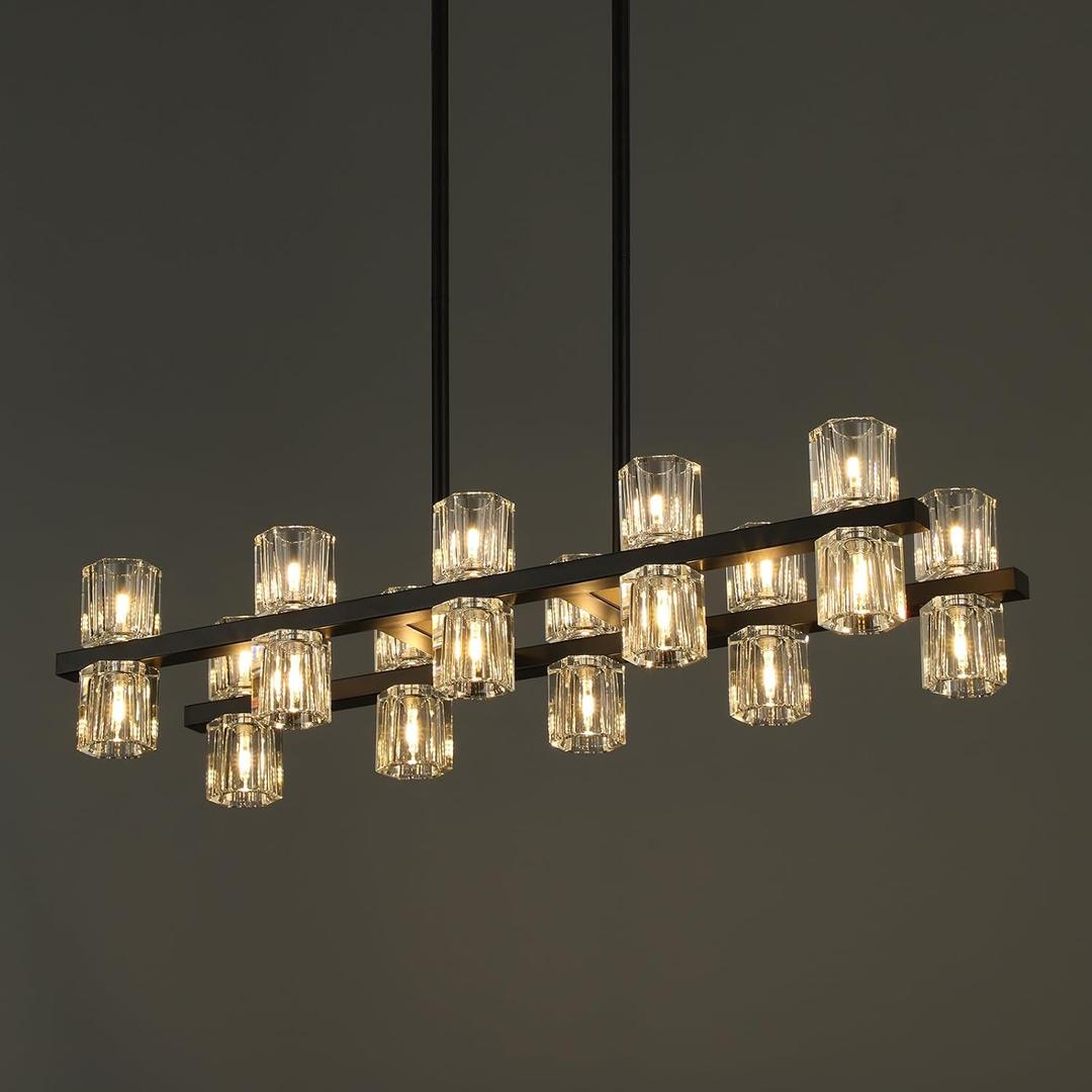 20-Lights Crystal Chandelier | L32 Inch Rectangle Chandeliers for Dining Room Over Table | Black Dining Room Light Fixture Apply to Kitchen Island | Bar | Restaurant | 20X G4 bulbs (included)