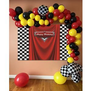 Race Car Birthday Party Supplies 128pcs Balloons Arch Garland Kit 5x3ft Racing Car Theme Happy Birthday Backdrop Decorations for Kids Boys Anniversary Cake Table Decorations