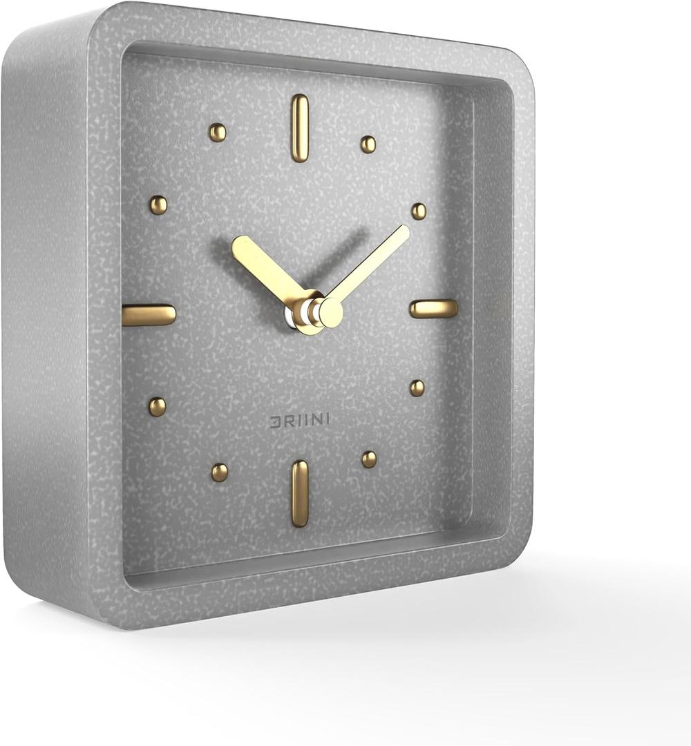 Driini Modern Mid Century Desk & Shelf Clock (Gray and Gold) - Battery Operated with Silent, Analog Movement  Small Tabletop Clocks for Office  Perfect for Mantle, End Table, Desktop or Nightstand (Cement)