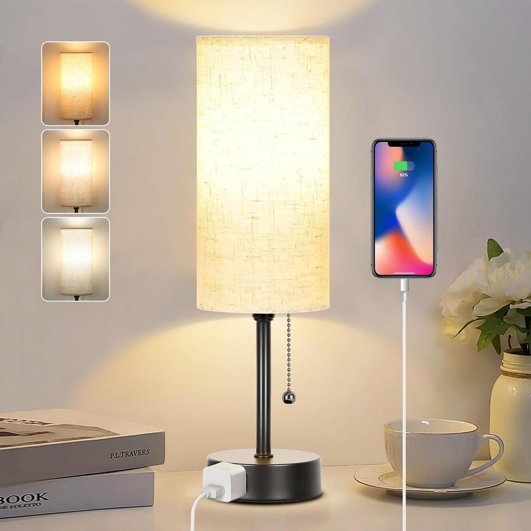 Bedside Table Lamp for Bedroom, 3-Color Small Lamps with Pull Chain, Bedroom Table Lamps for Night stands,Desk Reading Light AC Outlet Nightstand Lamp for Living Room Decor/Dorm/Office Bulb Included