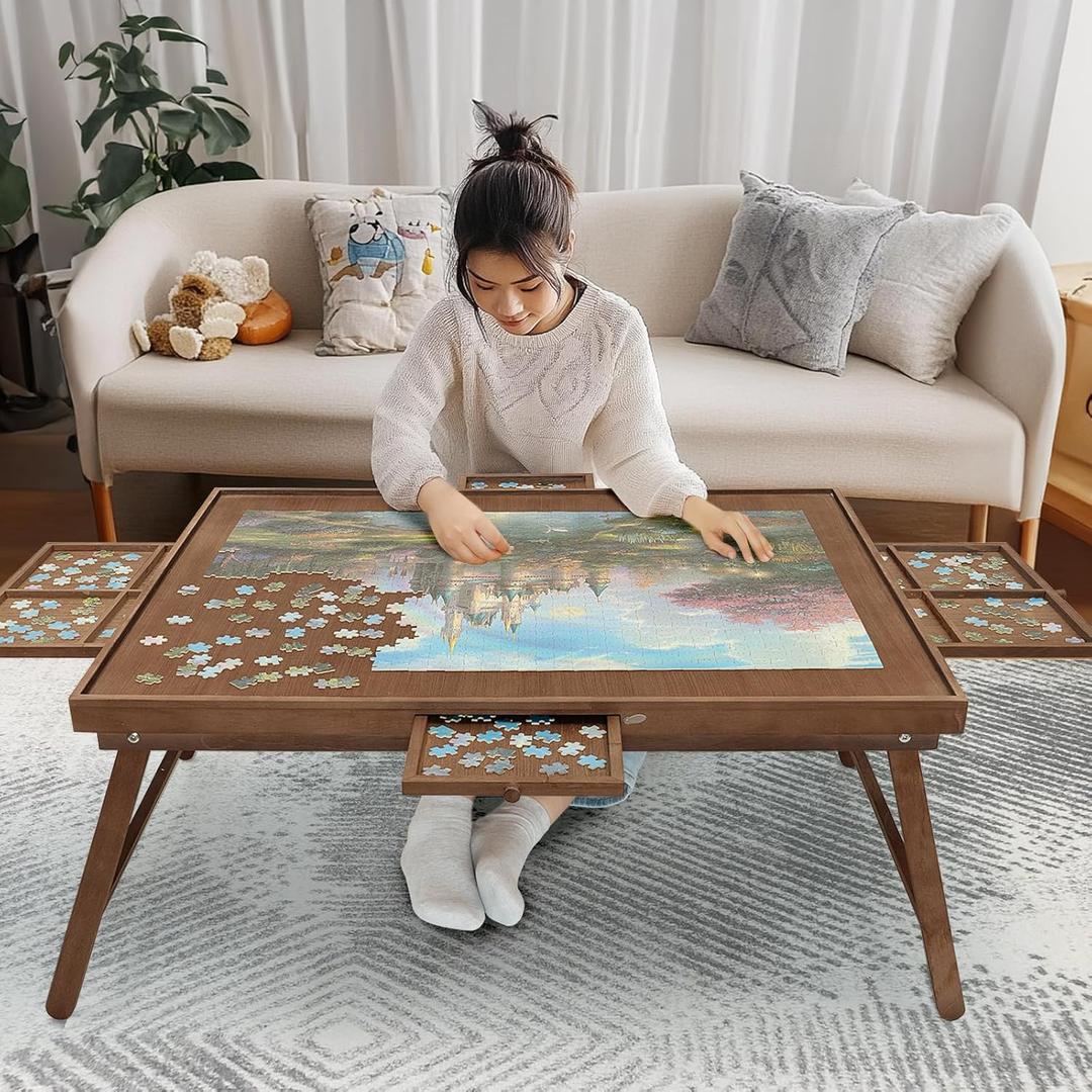 HALLYBEE Puzzle Table 1500 Pieces Wooden Puzzle Board with Legs, 34.3x 26.5 Jigsaw Board with 4 Drawers and Cover, Foldable Leg Jigsaw Table for Adults Cho Brown