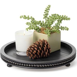 Bamboo Land- Round Decorative Trays for Coffee Table, 12", Black, Wood Tripod & Beaded Design, Wooden Round Tray for Coffee Table
