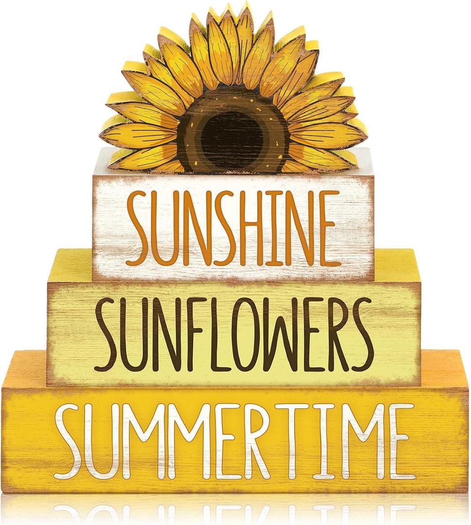 4 Pcs Sunflower Table Decorations Sunflower Tiered Tray Decor Farmhouse Rustic Table Decor Books Stack Signs Block for Home Office Decorations
