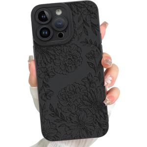 for iPhone 14 Pro Max Case Line Peony Rose Floral Pattern Black | Cute Print Phone case with Full Camera Protection Slim Soft TPU Bumper for Women Girls Case