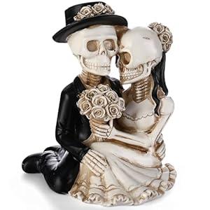 LemonRoad Day-of-The-Dead Couple Skeleton Decor Bride and Groom Skeleton Dia De Los Muertos Figurines Day of The Dead Decorations Halloween Gothic Wedding Cake Topper Decor(Seated) 