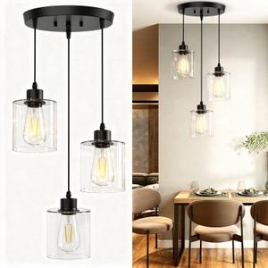 3 Light Pendant Lighting, Farmhouse Hanging Light Fixture for Kitchen Island & Dining Room, Industrial Vintage Ceiling Lamp with E26 Base, Adjustable Height, with Clear Glass 4.7" Shades