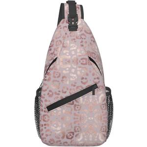 Rose Gold Leopard Print Crossbody Sling Bags Elegant Leopard Skin Texture Foil Effect Sling Backpack for Women Men Casual Shoulder Bag Cute Animal Fur Print Travel Gym Sports Hiking Daypack