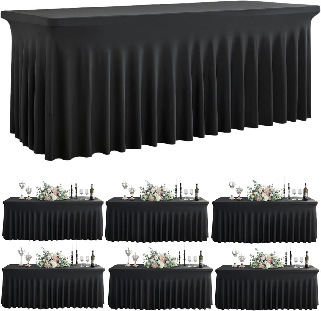 Outpain Black Spandex Tablecloth for 8 Foot Rectangle Tables, 6 Pack Black Wrinkle Free Fitted Table Cloths 8ft Stretchy Banquet Table Clothes Cover Desk Skirt for Birthday Wedding Parties Baby Shower