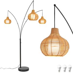 Depuley 3-Light LED Arc Floor Lamps, Adjustable Modern Tall Standing Reading Lamp with Bamboo Lampshades & Marble Base, Rattan Floor Lamp for Living Room Bedroom Office Study, E26 Bulbs Included (Black- Brown)
