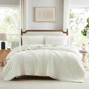 WDCOZY Ivory Cloud Quilt King Size Bedding Set with Pillow Sham, Cream White Puffy Cozy Lightweight Bedspread Coverlet, Soft Cute Bed Cover for All Season - 3 Pieces, 104x90 inches (Cream)