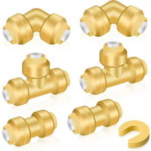 2 x Boltigen Plumbing Fittings 1/2 inch, 6pack No Lead Brass Push Fit to Connect Couplings, 2pcs Straight, 2pcs 90 Degree Elbows, 2pcs Tee, with Disconnect Clip, for Connecting Copper, PEX, CPVC