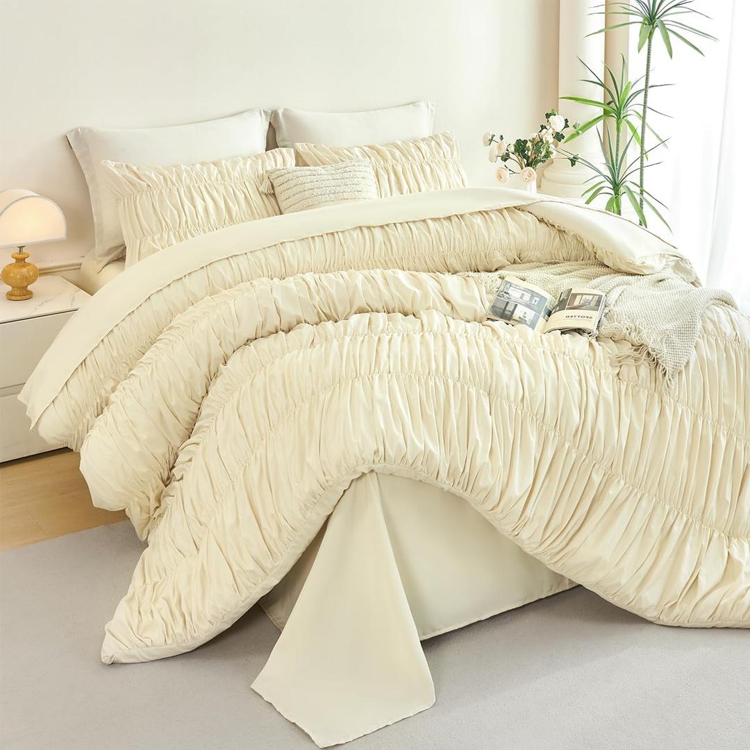PERFEMET Beige Ruched Comforter Set King Size, 5 Pieces Boho Ruffle Bed in a Bag with Sheets, Soft Fluffy Pleated Texture Bedding Set All Season Lightweight Shabby Chic Bed Set(Beige, King)