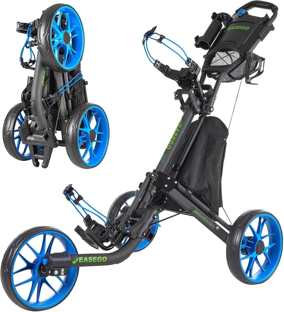 EASEGO Golf Push Cart 3 Wheel : Golf Bag Cart Foldable with Phone Holder/Cup/Umbrella Holder Compact Golf Pull Carts Quick Fold Golf Caddy Push Carts with Large Wheelbase for Different Terrain（Blue）