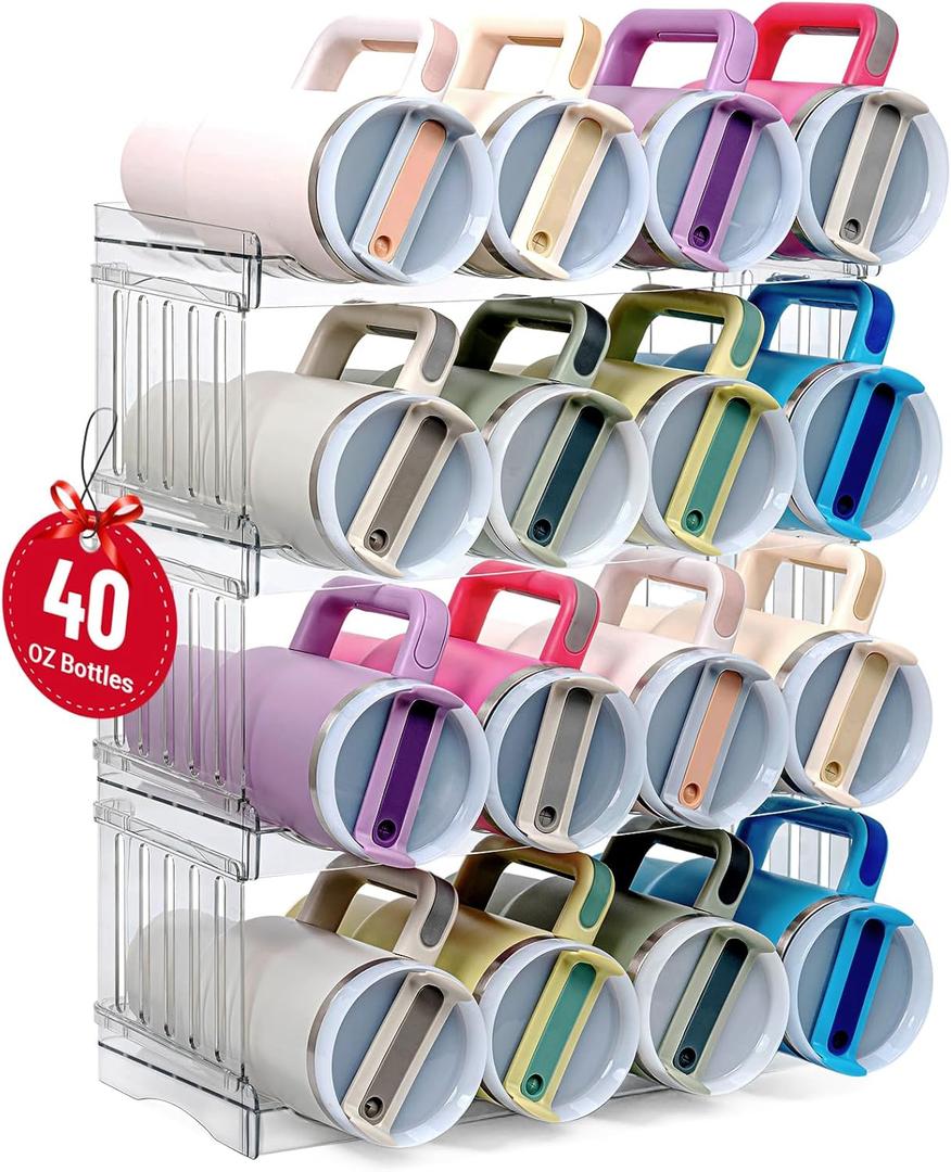 Water Bottle Organizer for Full Stanley 40 oz Tumbler with Handle, Cabinet Kitchen Pantry Organizers and Storage for Owala Stanley Cup Accessories Holder, Patented Stackable Tumbler Organizer Gifts (16-Large bottles)