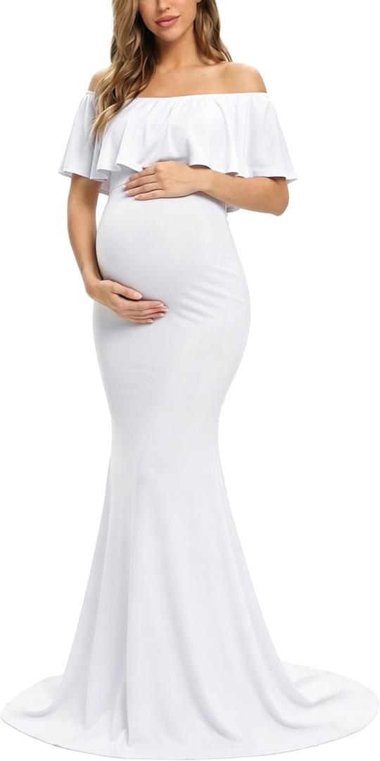 Glampunch Womens Off Shoulder Maternity Dress Ruffles Elegant Slim Gowns Fit Maxi Photography Dress (White, M)