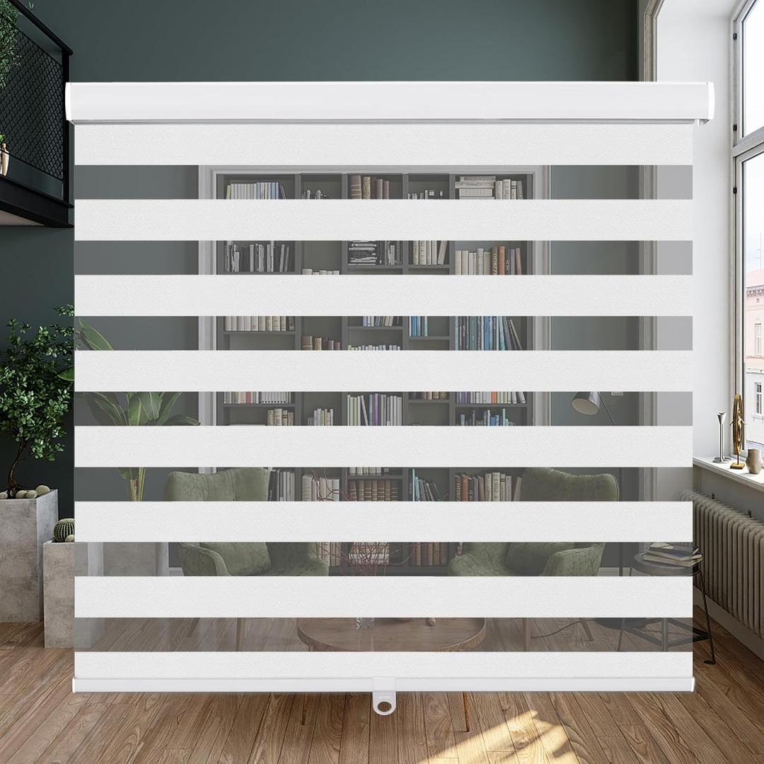 LUCKUP Cordless Zebra Blinds Roller Shades for Windows-Dual Layer High Shading Blinds with Valance High Shading Day Night Privacy Blackout Fabric, 34" W x 72" H, White