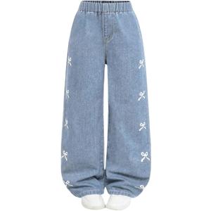 Girl's Bow Graphic Wide Leg Jeans Elastic High Waisted Baggy Denim Pants with Pockets
