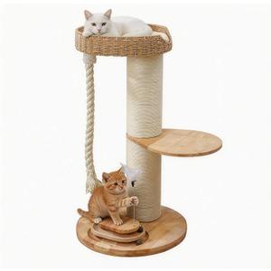 28.5in Wooden Cat Tree for Large Cats, Modern Cat Tower | Solid Wood Cat Condo, with Thick Scratching Post, with Handwoven Basket, with Sisal Rope and Feather Toy, for Indoor Cats