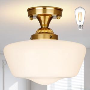 Bagood 12" Brass Schoolhouse Lights Fixture Milk Glass Light Fixtures Mid Century Light Fixtures School House Lights Fixture Ceiling Semi Flush Mount Ceiling for Bathroom Bedroom (Bulb Incl.)