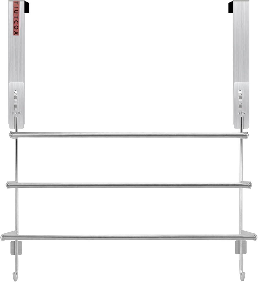 Over The Door Towel Rack, 304 Stainless Steel Towel Racks for Bathroom with 3-Tier Adjustable Pole, 2 Punch-Free Screw Stickers, 22.83 * 17.71-29.52 * 6.14 Inch, Silver