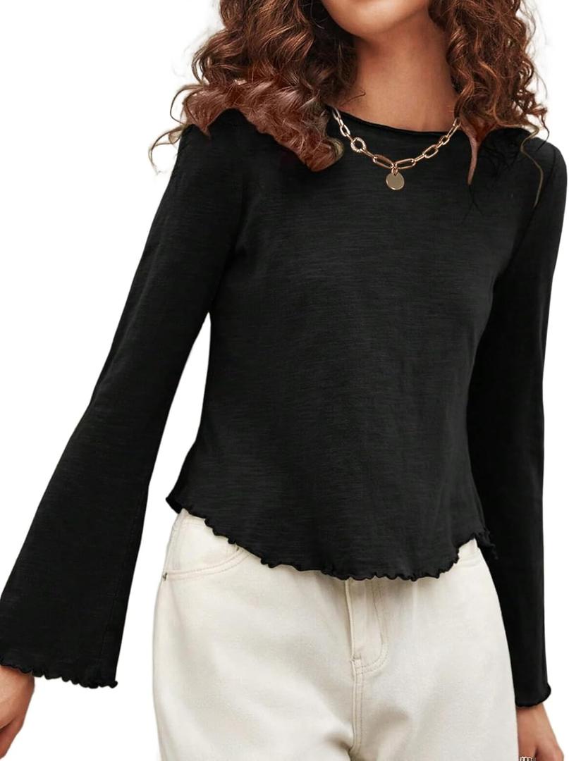 SOFIA'S CHOICE Women's Flare Long Sleeve Crop Top T Shirt Crewneck Lettuce Trim Tops Black XX-Large