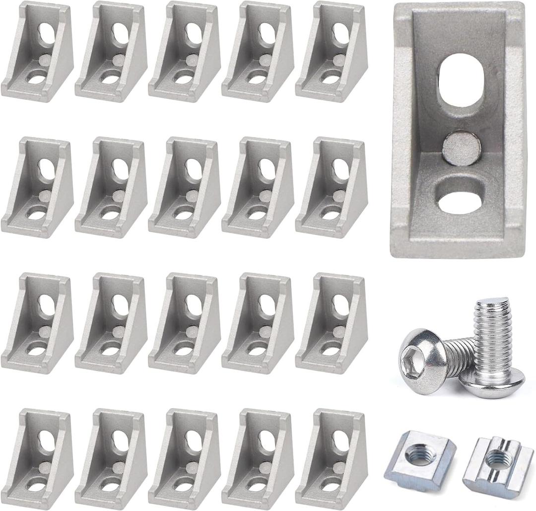 20Sets 2020 Series Aluminum Extrusion Profile L Connector Bracket 20 Right Angle Joint Conner with Esquina 20 Extruded Aluminium Perfiles T Slot with 40Pcs Hardware M6 Nut Bolts