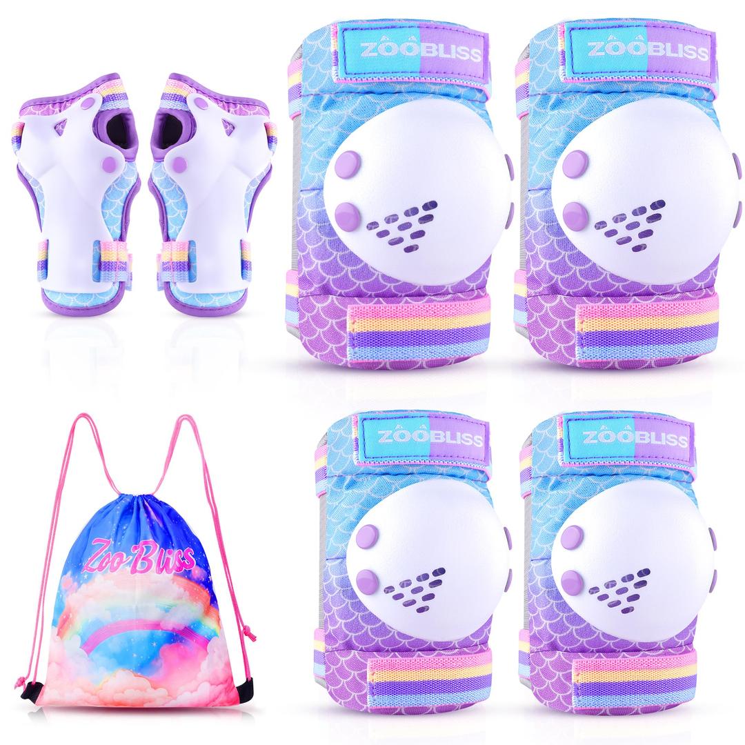 Knee Pads for Kids, ZOOBLISS Toddler Knee and Elbow Pads Set Wrist Guards for Girls Aged 3-12, Kids Protective Gear for Roller Skates Skateboard Bike Scooter, Included Drawstring Bag (Mermaid Cyan)