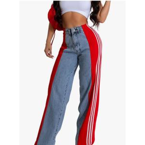 Angsuttc Womens Jeans with Patchwork Stripes High Waisted Stretchy Denim Color Block Straight Wide Leg Trendy Jean Medium