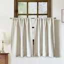 Faux Linen Kitchen Curtains 36 Inch Length Cafe Curtain Tiers for Living Room Bathroom Basement Windows Country Rustic Small Short Curtains, Set of 2, Natural