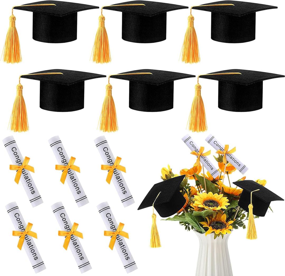 Breling 12 Pcs Black and Gold Graduation Centerpiece Sticks Felt Graduation Scroll Diploma and Grad Cap with Tassel Decor 2026 Table Toppers Centerpiece Party Supplies for Grad Party Decorations