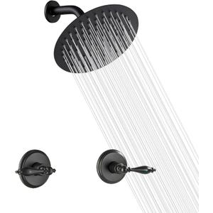 LIWEIKE 2 Handle Shower Faucet Set, Matte Black Two Handles Shower Faucet with 8 Inch Rain Shower Head Shower Faucet Set 2 Knobs, Wall Mounted