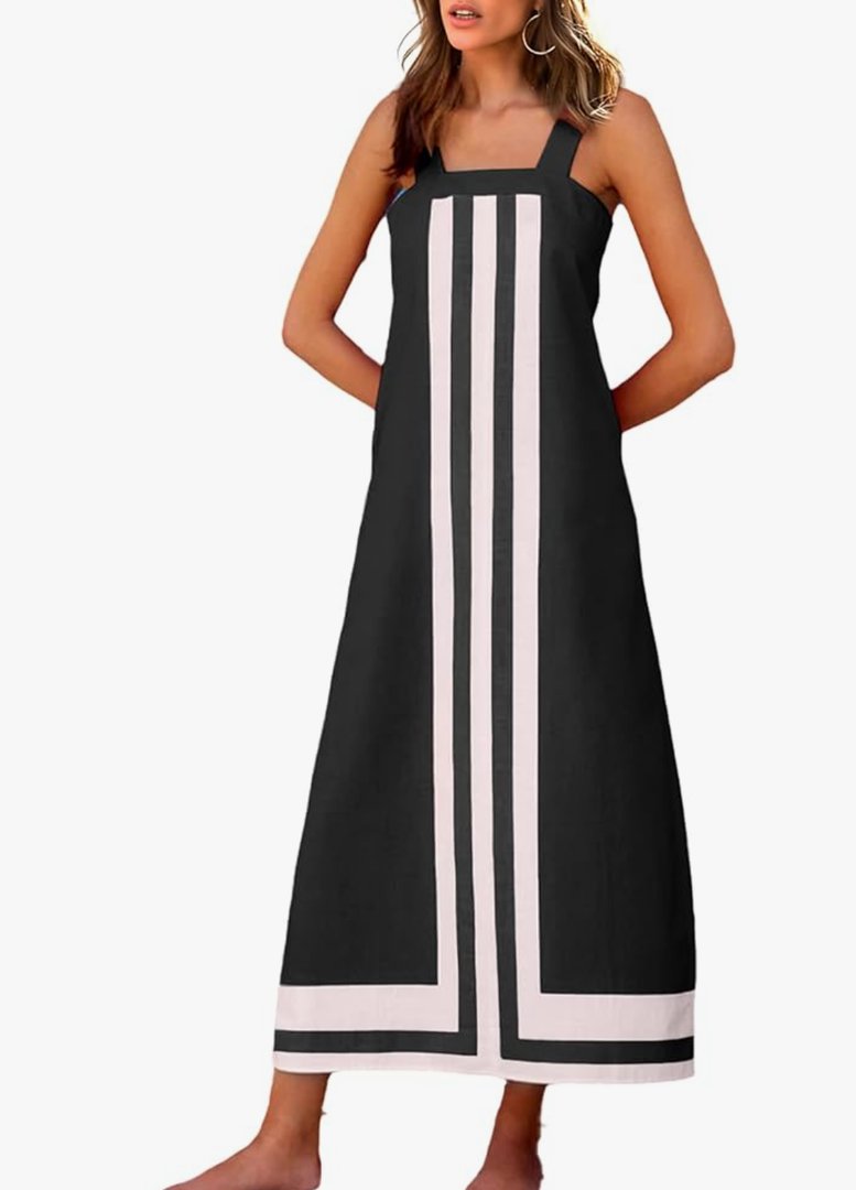 Fiona Jolin Womens Summer Maxi Dress Boho Striped Shoulder Strap Long Sundress Beach Cover Up Dress XS