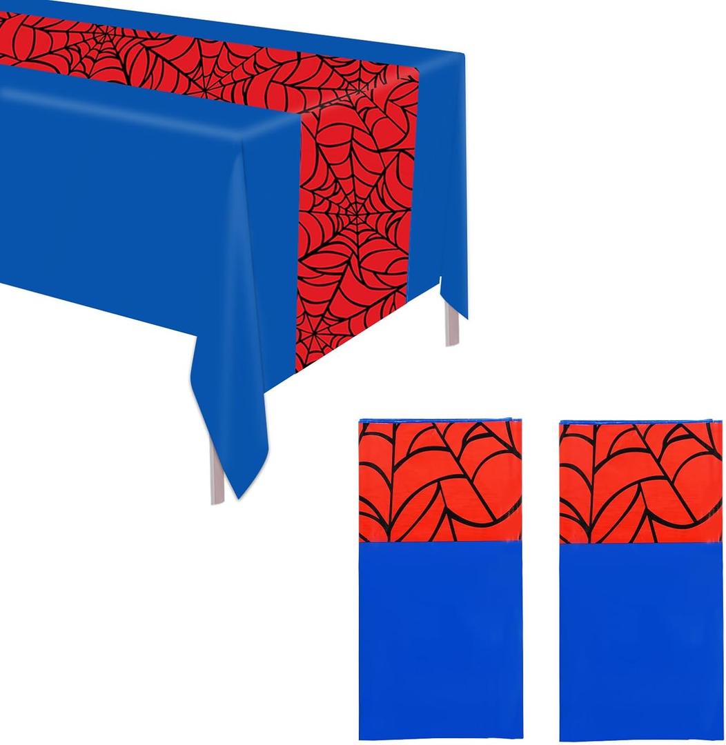 SAVITA 2pcs Spider Tablecloths, 54x108 Inch Blue and Red Spider Web Table Covers Plastic Rectangle Table Cloth for Kids Cartoon Theme Birthday Party Decorations Supplies