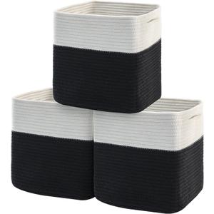 MEGASKET 3 Pack Cube Storage Bin, 11 Inch Cotton Rope Baskets for Organizing, Woven Fabric Kids Toy Bin Box, Baby Nursery Cube Storage Organizer, Decorative Cute Black Wicker Square Basket for Shelves