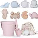 MarcZero 11Pcs Silicone Beach Toys,Modern Baby Beach Toys,Travel Friendly Beach Set,Silicone Bucket, Shovel, 8 Sand Molds, Beach Bag,Silicone Sand Toys for Toddlers, Kids (Pink)