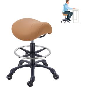Saddle Salon Stool with Footrest,Heavy Duty, Adjustable Height, Rolling Esthetician Chair for Tattoo Spa Medical Dentist Clinic(Brown), Standard