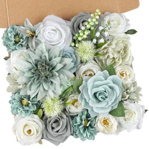 AmyHomie Teal Blue Artificial Flowers Combo Silk Mix Peony Rose Fake Flowers w/Stem for DIY Wedding Bouquets Centerpieces Arrangements Table Fall Decor Party Bridal Baby Shower Home Decorations