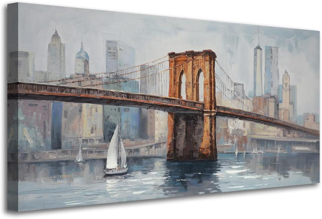 Anolyfi Nyk Brooklyn Bridge Wall Art, Grey Skyline Painting for Living Room Bedroom Home Decor 40"x20"