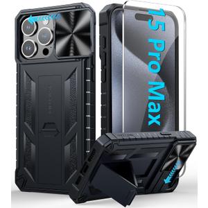 FNTCASE for iPhone 15-Pro-Max Case: Military Grade Drop Proof Protective Rugged Shockproof Cell Phone Cover with Kickstand & Slide | Matte Heavy Duty Protection Tough Protector Cases 6.7'' - Black