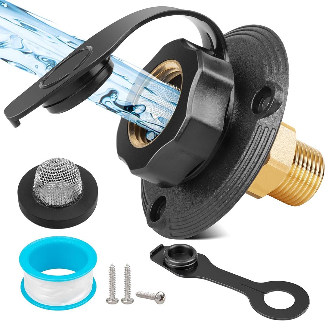 Oyviny RV City Water Inlet with Check Valve, Lead-free Brass RV Flesh Water Inlet 3/4 NH Female to 1/2 NPT Male Connection, Water Fill Inlet Flange Replacement for Camper Trailer Motorhome Marine