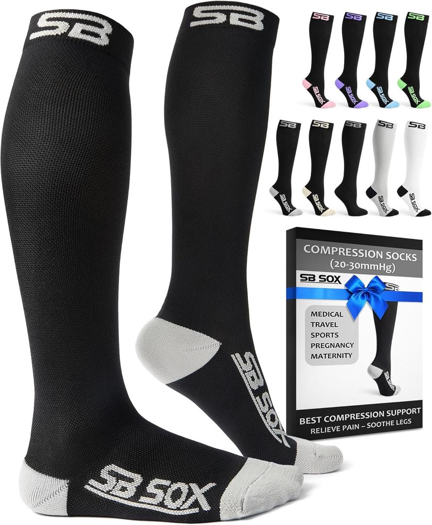 SB SOX Compression Socks for Men & Women (20-30 mmHg) - Best Support Stockings for Travel, Medical, and Sports - Perfect for Everyday Wear (Black, S)