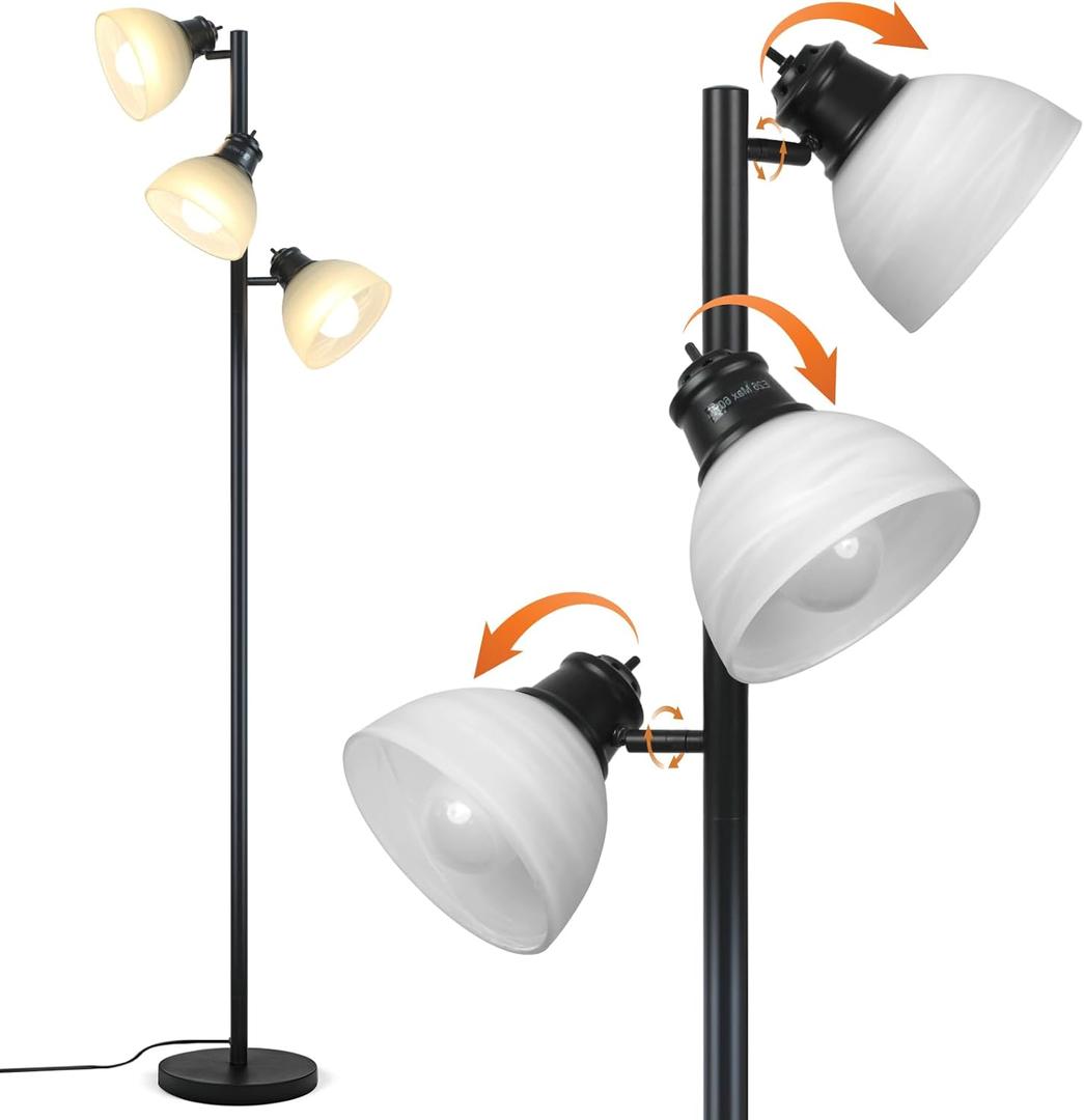 3 Light Tree Floor Lamp with Glass Shades, 3 Bulbs Included, Adjustable Black Industrial Standing Lamp for Living Room, Bedroom, Office, E26, Weighted Base