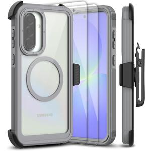 for Samsung Galaxy A36 5G Case, [Transparent & Holster Series] Belt Clip Full Body Shockproof Protective Cell Phone Cover with 2 Pack Tempered Glass Screen Protector (Gray/Clear)