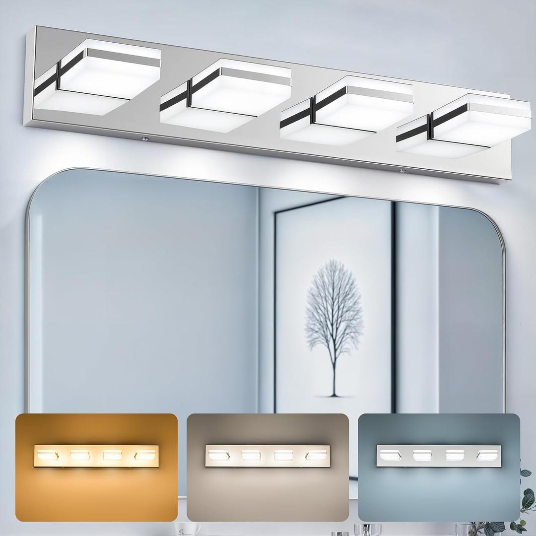 VONLUCE Bathroom Vanity Light Fixture, 4-Light Modern LED Vanity Light, 3CCT Adjustable Bathroom Lights with Memory Function Rotatable Shades, 26" Wall Lighting Fixture Over Mirror, Chrome