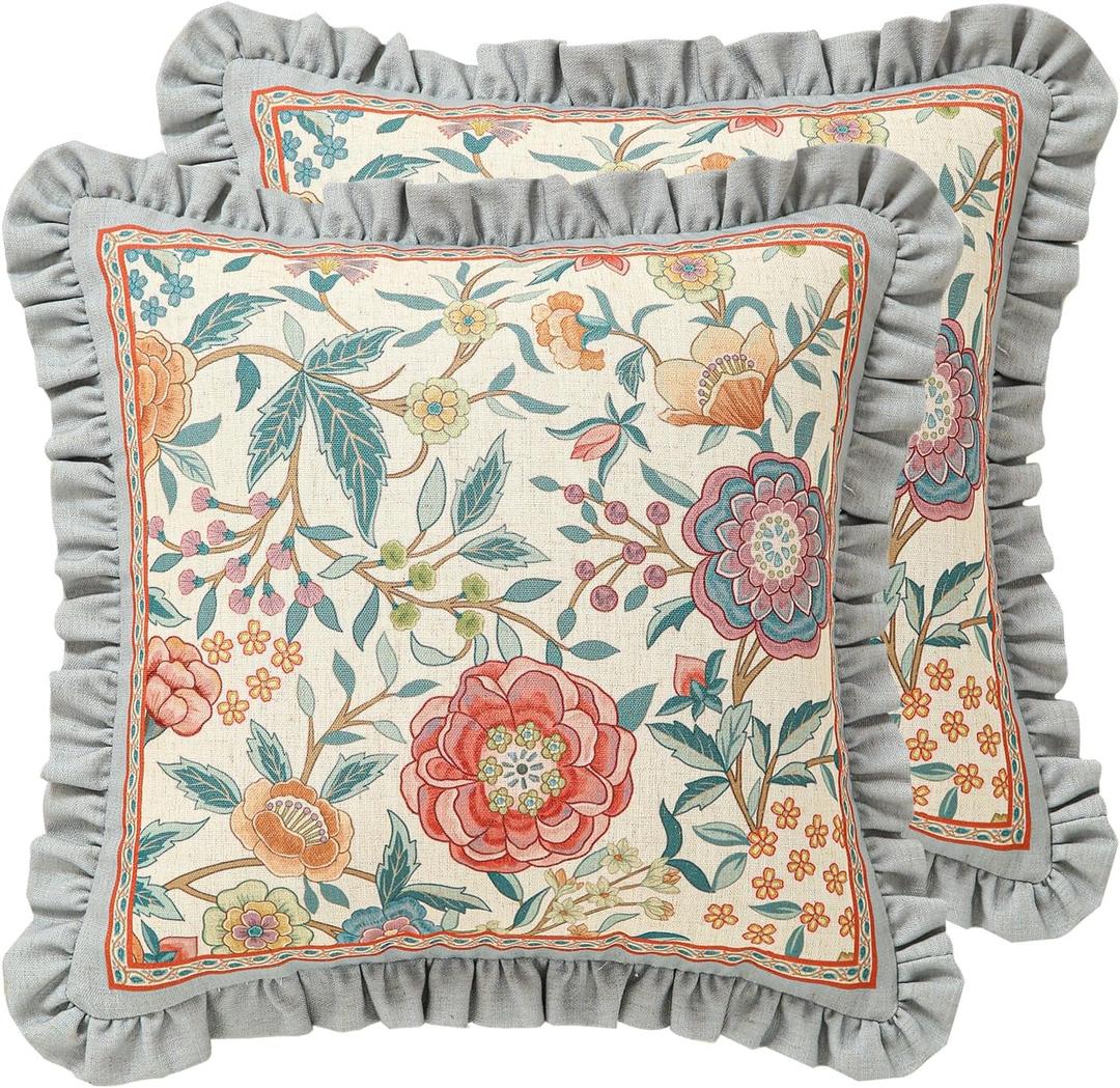 Floral Throw Pillow Covers Set of 2,Cottage Rustic with Blooming Flower Pattern Linen Pillowcases, Decorative Square Pillows Cushion Covers for Couch Sofa Bed Chair Car,18x18 Inches