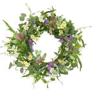 YNYLCHMX 18" Spring Summer Wreaths for Front Door, Artificial Floral Wreath with Multi-Colored Flower & Green Eucalyptus Leaves, Green Foliage Wreath for Wall Window Farmhouse Party Holiday Home Decor