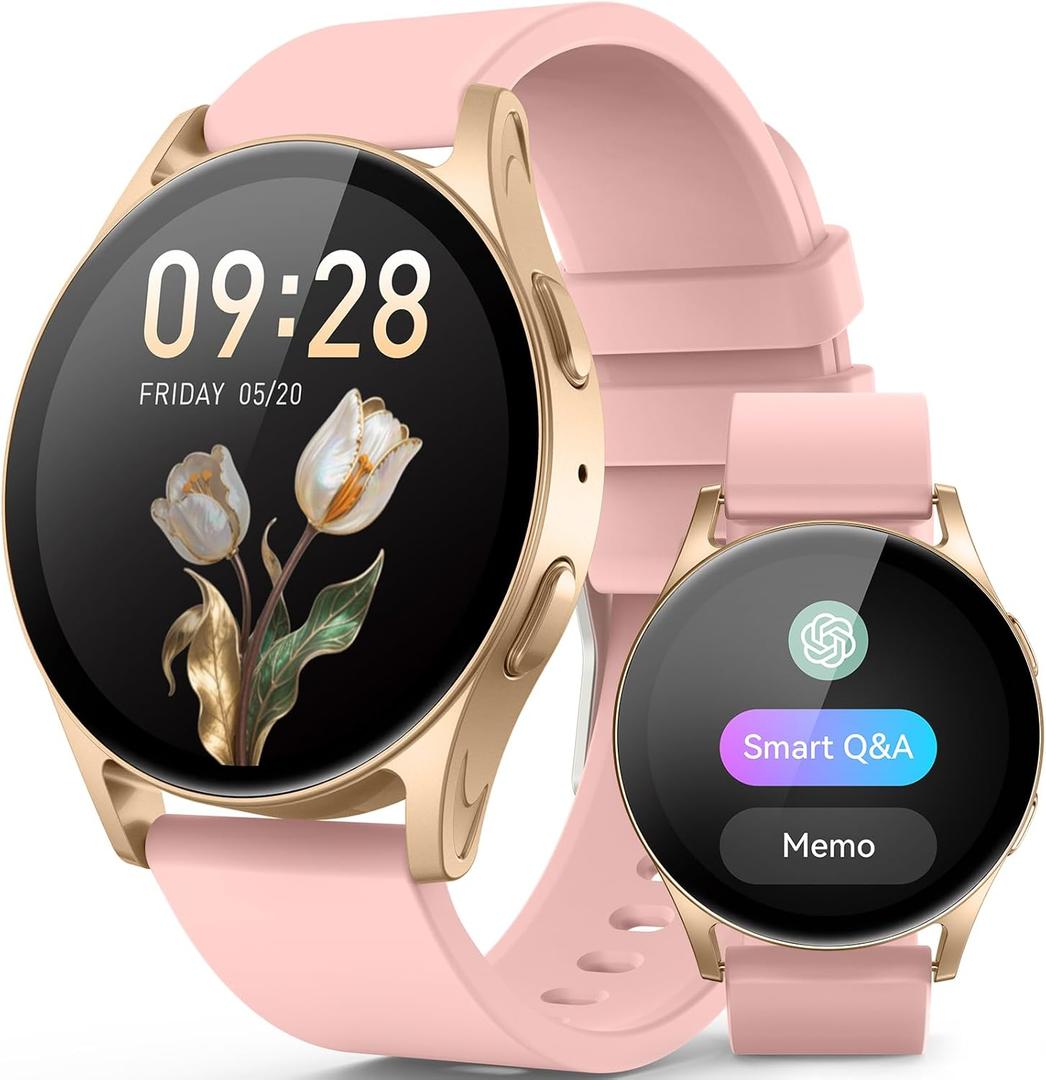 AI Smart Watch wtih GPT, 41mm 1.32" AMOLED, Answer/Make Calls, Activity Fitness Tracker for Android iPhone with AOD, 150+ Sports, Calorie & Step Counter, Sleep Monitor, Women Men, 2 bands (Gold-Pink)