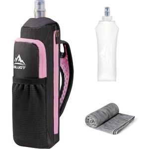 Zelvot Handheld Water Bottle Running, 17 oz Running Water Bottle Hand with Sport Towel and Phone Holder, BPA Free Hand Held Soft Flask with Adjustable Hydration Pack for Runners (Pink)